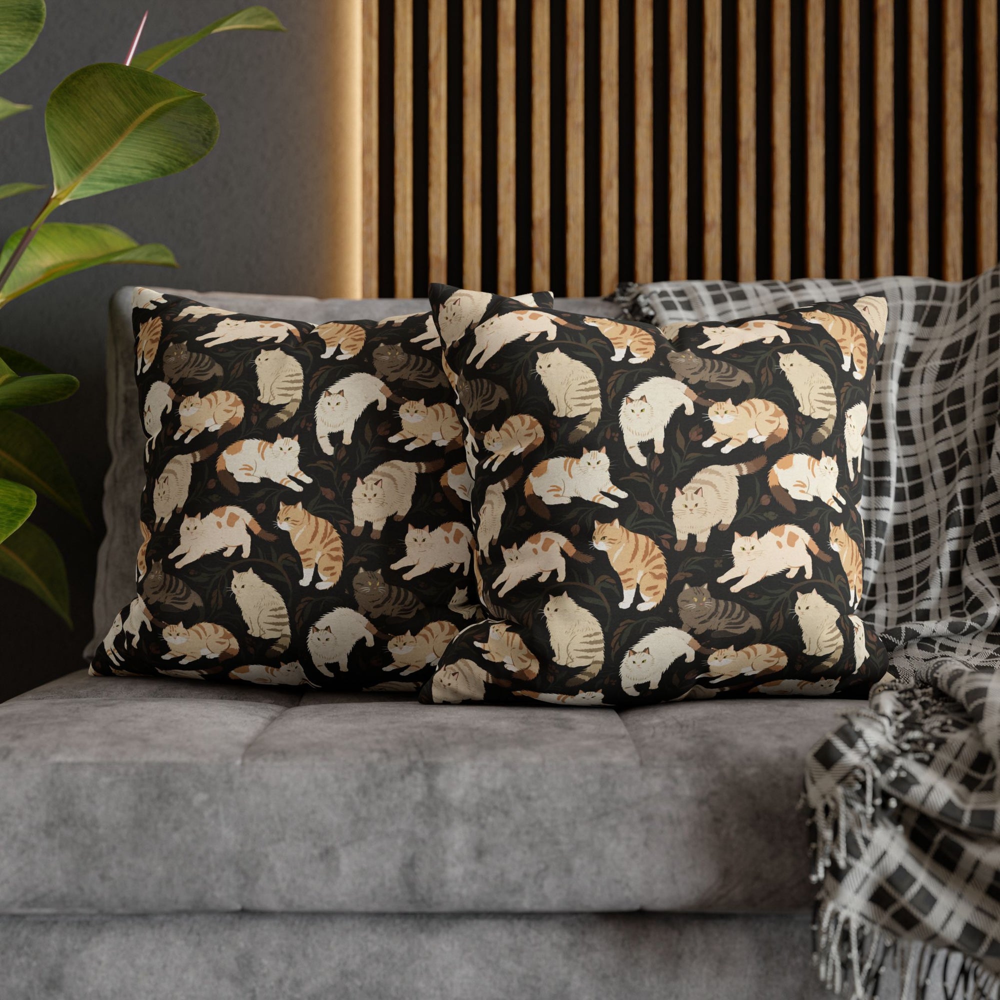 Square Pillowcase - Earthy Toned Cats Lounge and Play Amidst Dark Foliage in a Serene and Naturally Inspired Seamless Pattern Design
