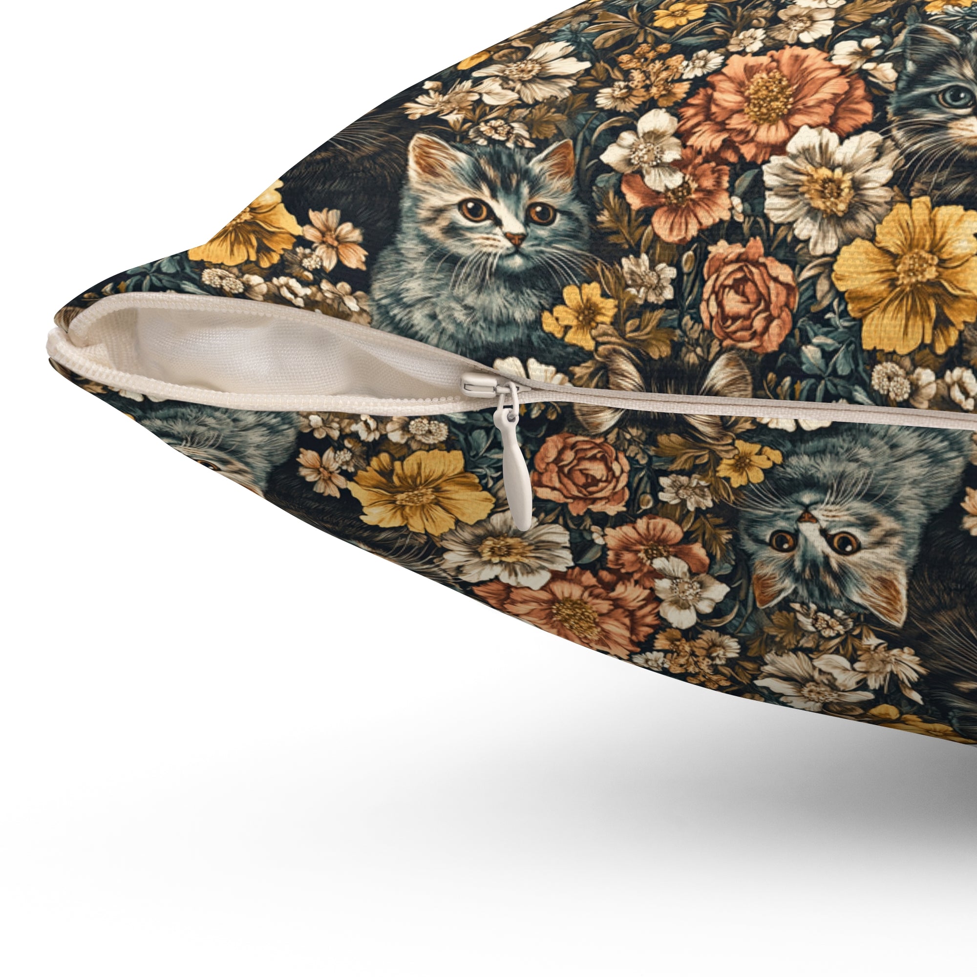 Indoor Square Pillow - Grey Tabby Kittens Among Yellow and Peach Flowers, Moody Vintage Botanical Illustration