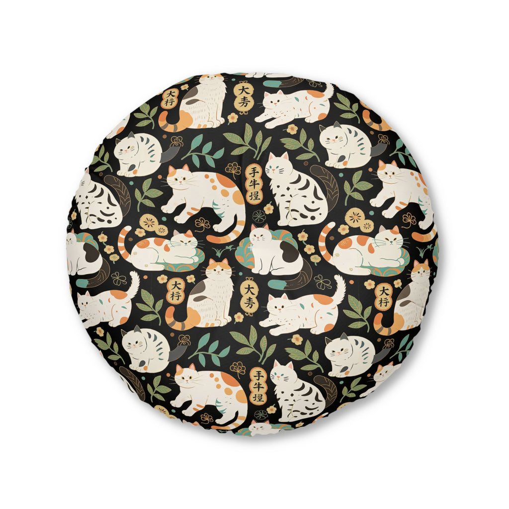 Indoor Round Floor Pillow - Traditional Japanese Maneki-Neko Cats and Auspicious Symbols Grace a Dark Background in this Fortunate Pattern