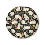 Indoor Round Floor Pillow - Traditional Japanese Maneki-Neko Cats and Auspicious Symbols Grace a Dark Background in this Fortunate Pattern