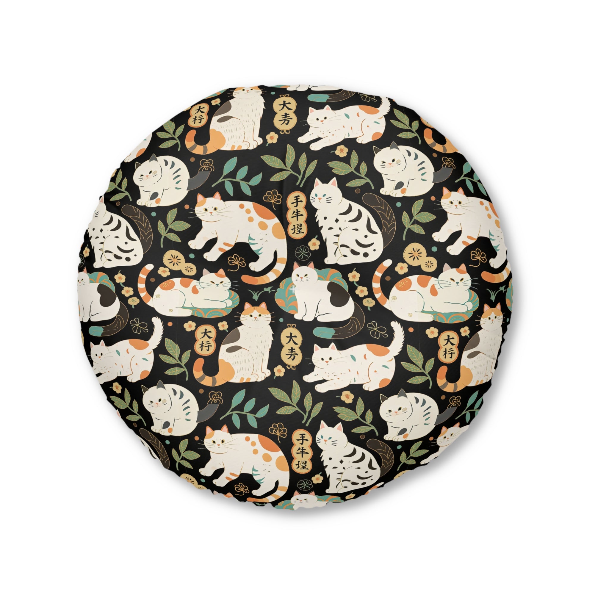 Indoor Round Floor Pillow - Traditional Japanese Maneki-Neko Cats and Auspicious Symbols Grace a Dark Background in this Fortunate Pattern