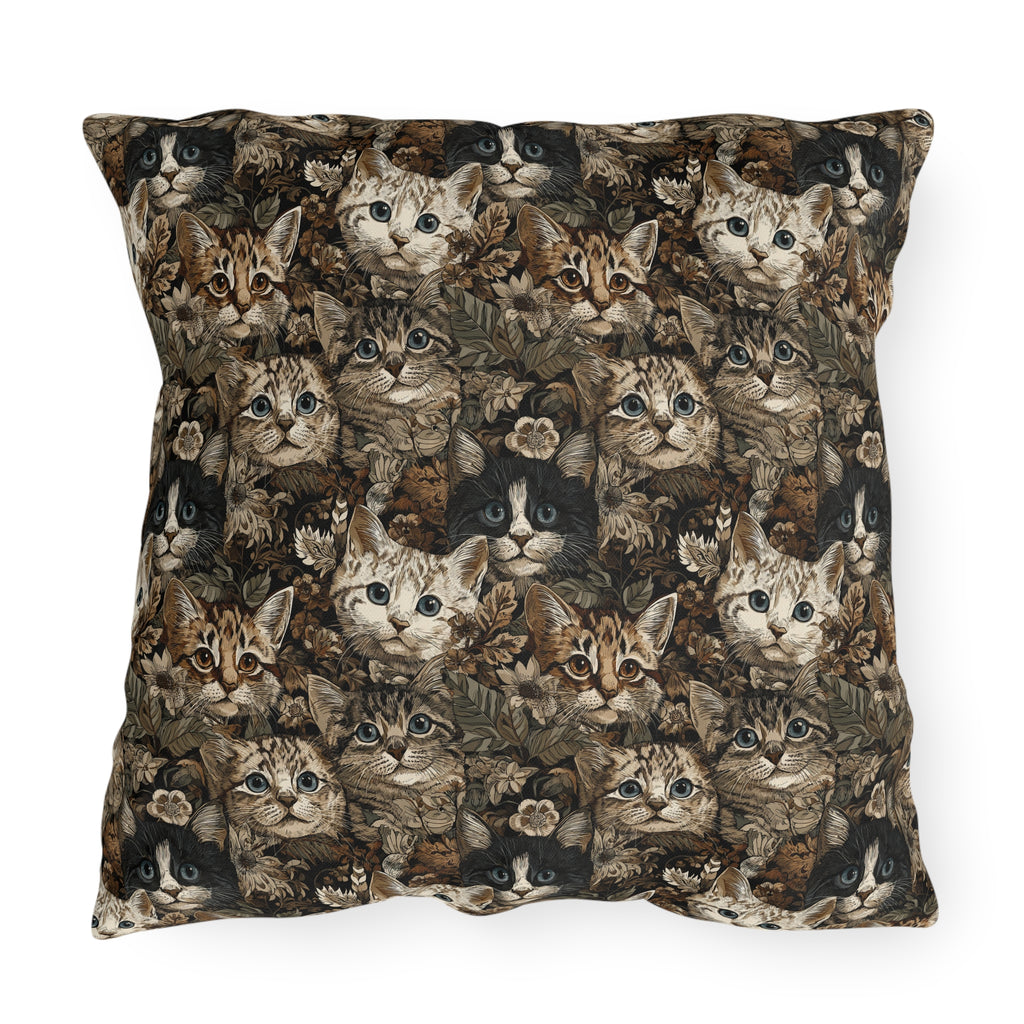 Outdoor Pillow - An intricate and detailed vintage illustration featuring a close-up of various fluffy cats with bright eyes amidst lush, ornate floral foliage in sepia tones.