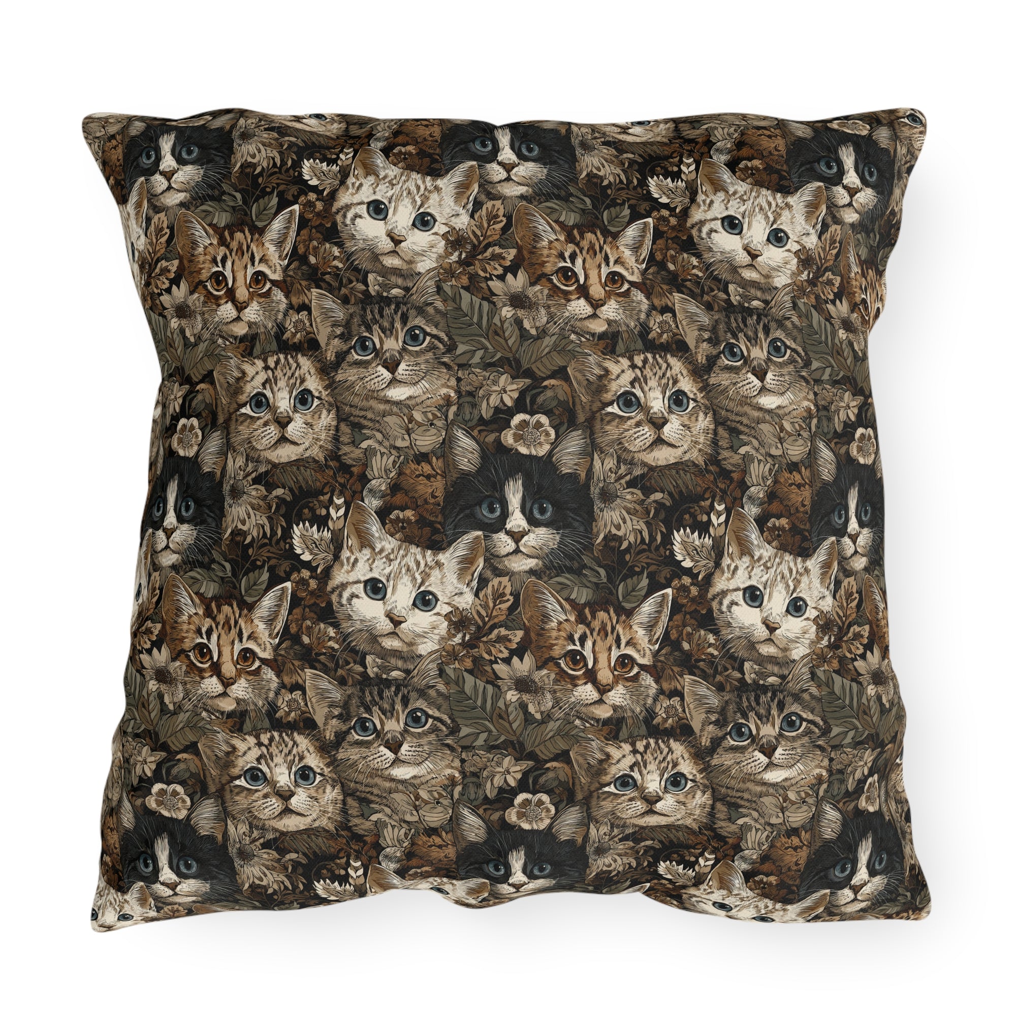 Outdoor Pillow - An intricate and detailed vintage illustration featuring a close-up of various fluffy cats with bright eyes amidst lush, ornate floral foliage in sepia tones.