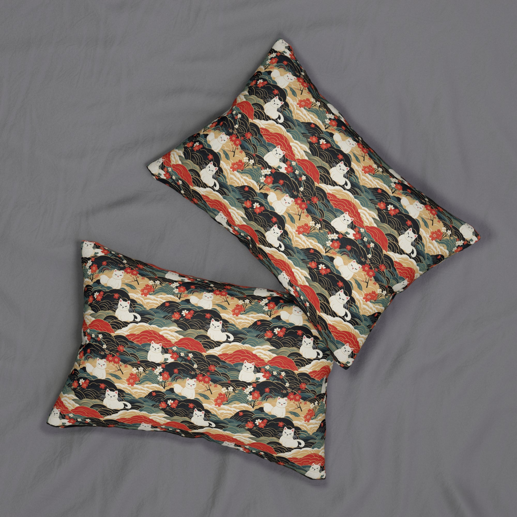 Indoor Lumbar Pillow - A beautiful, Japanese-inspired illustration of tranquil white cats resting on rolling clouds with vibrant red and white cherry blossoms.