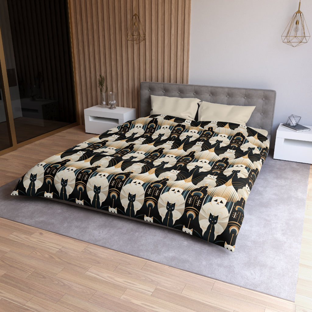 Duvet Cover - An elegant and artistic Art Deco-style pattern featuring streamlined white cats with a striking geometric backdrop of golden and black lines and shapes.