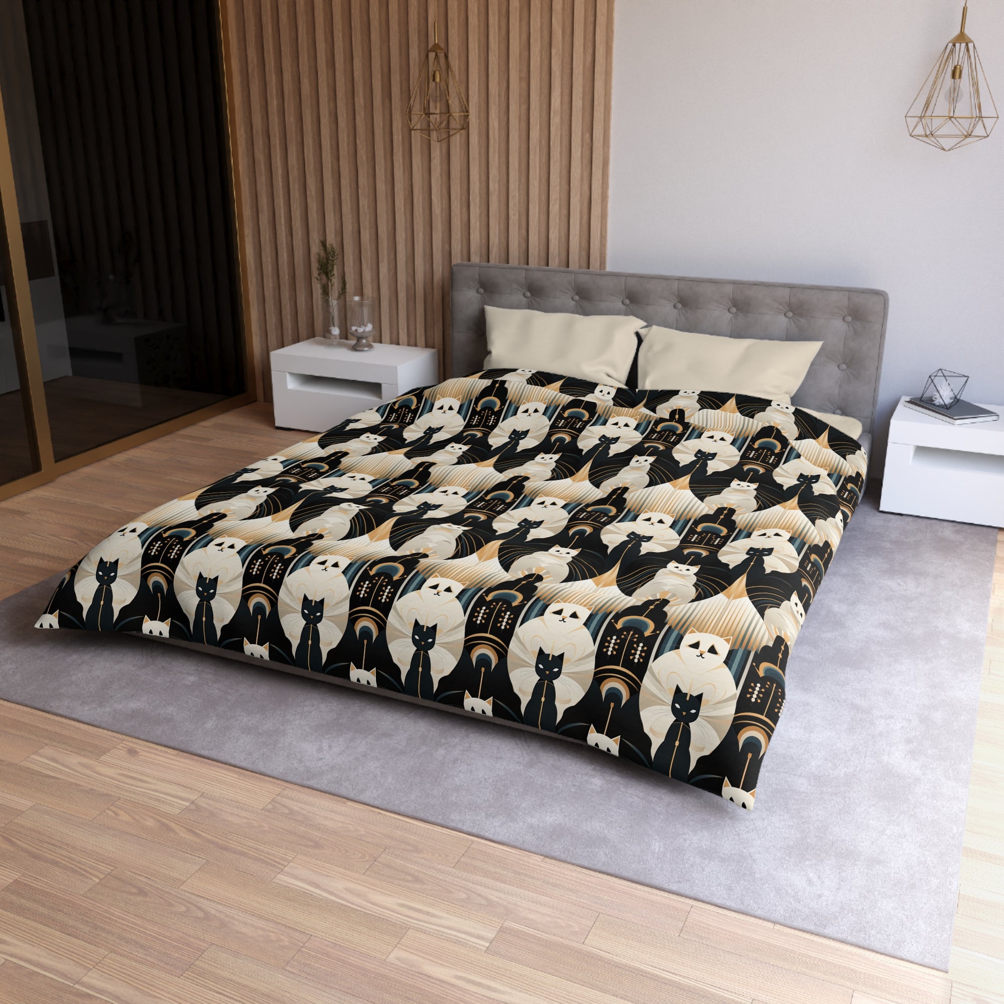 Duvet Cover - An elegant and artistic Art Deco-style pattern featuring streamlined white cats with a striking geometric backdrop of golden and black lines and shapes.