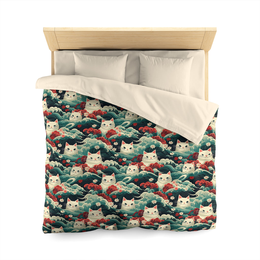 Duvet Cover - A dramatic and powerful Japanese woodblock print-style illustration of cats amidst powerful waves, red flowers, and white cherry blossoms.