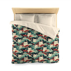 Duvet Cover - A dramatic and powerful Japanese woodblock print-style illustration of cats amidst powerful waves, red flowers, and white cherry blossoms.