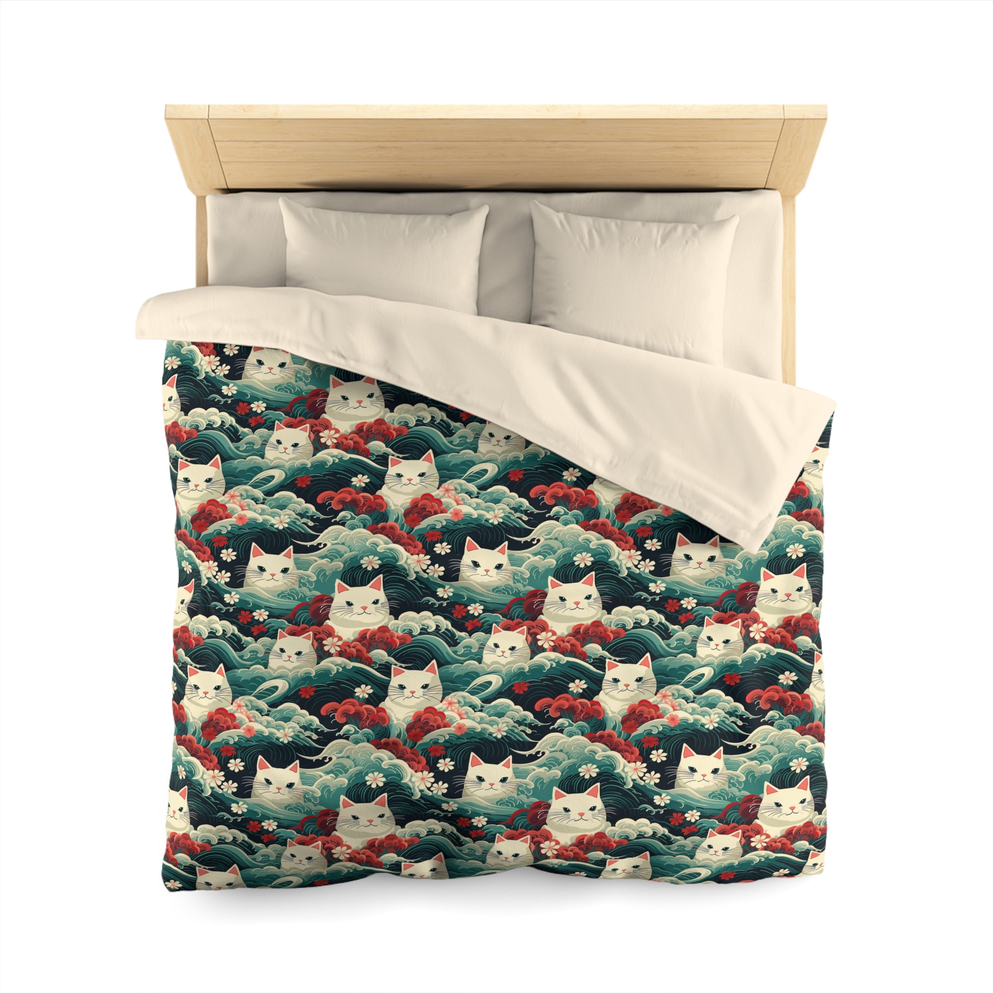 Duvet Cover - A dramatic and powerful Japanese woodblock print-style illustration of cats amidst powerful waves, red flowers, and white cherry blossoms.