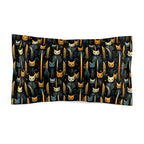 Pillow Sham - A sleek and stylish Art Deco-inspired pattern depicting a serene nocturnal landscape with streamlined cat silhouettes and radiating golden light among abstract plants.