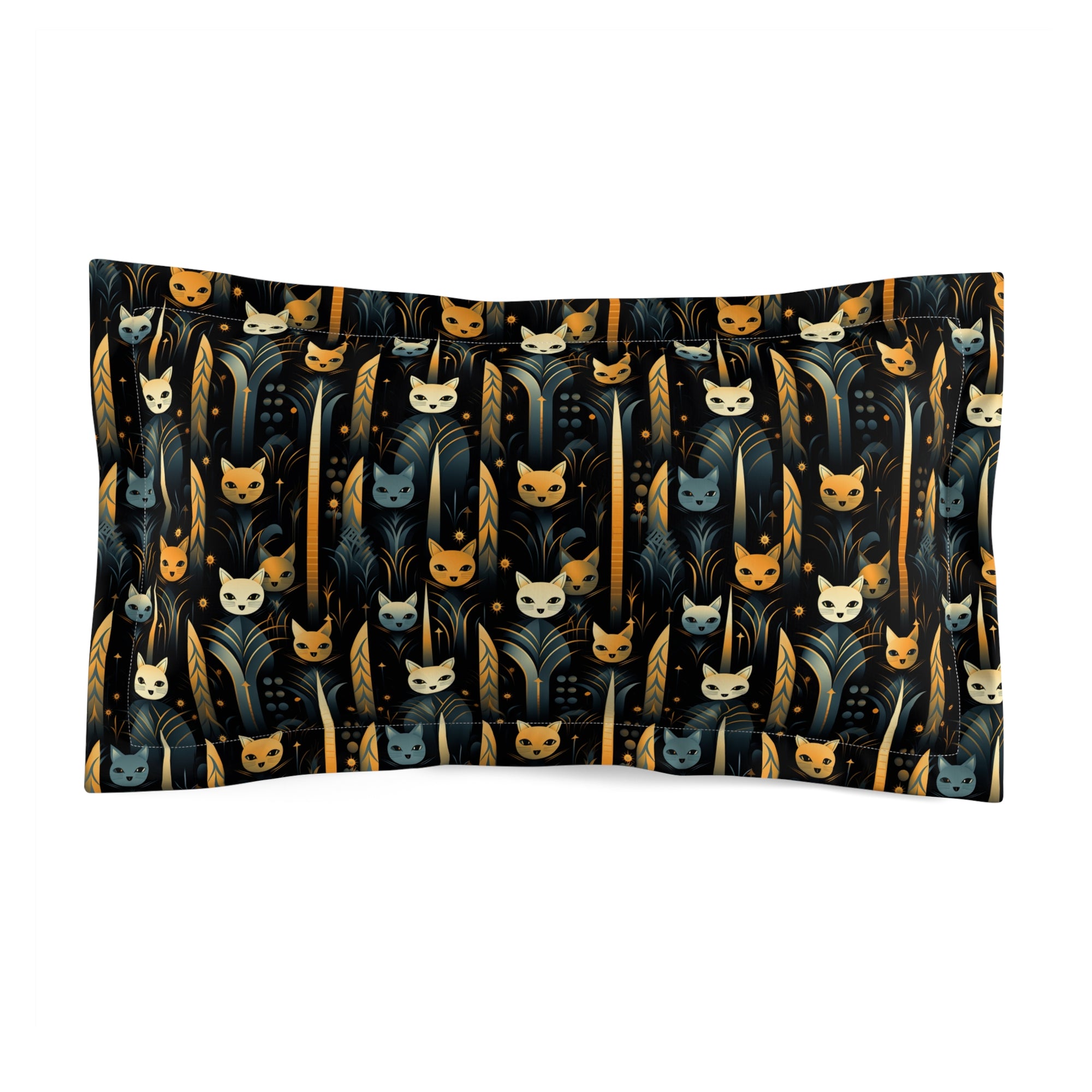 Pillow Sham - A sleek and stylish Art Deco-inspired pattern depicting a serene nocturnal landscape with streamlined cat silhouettes and radiating golden light among abstract plants.