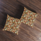 Indoor Square Floor Pillow - Grey Tabby Kittens in a Garden of Red, Peach, and Yellow Flowers, Soft Vintage Style