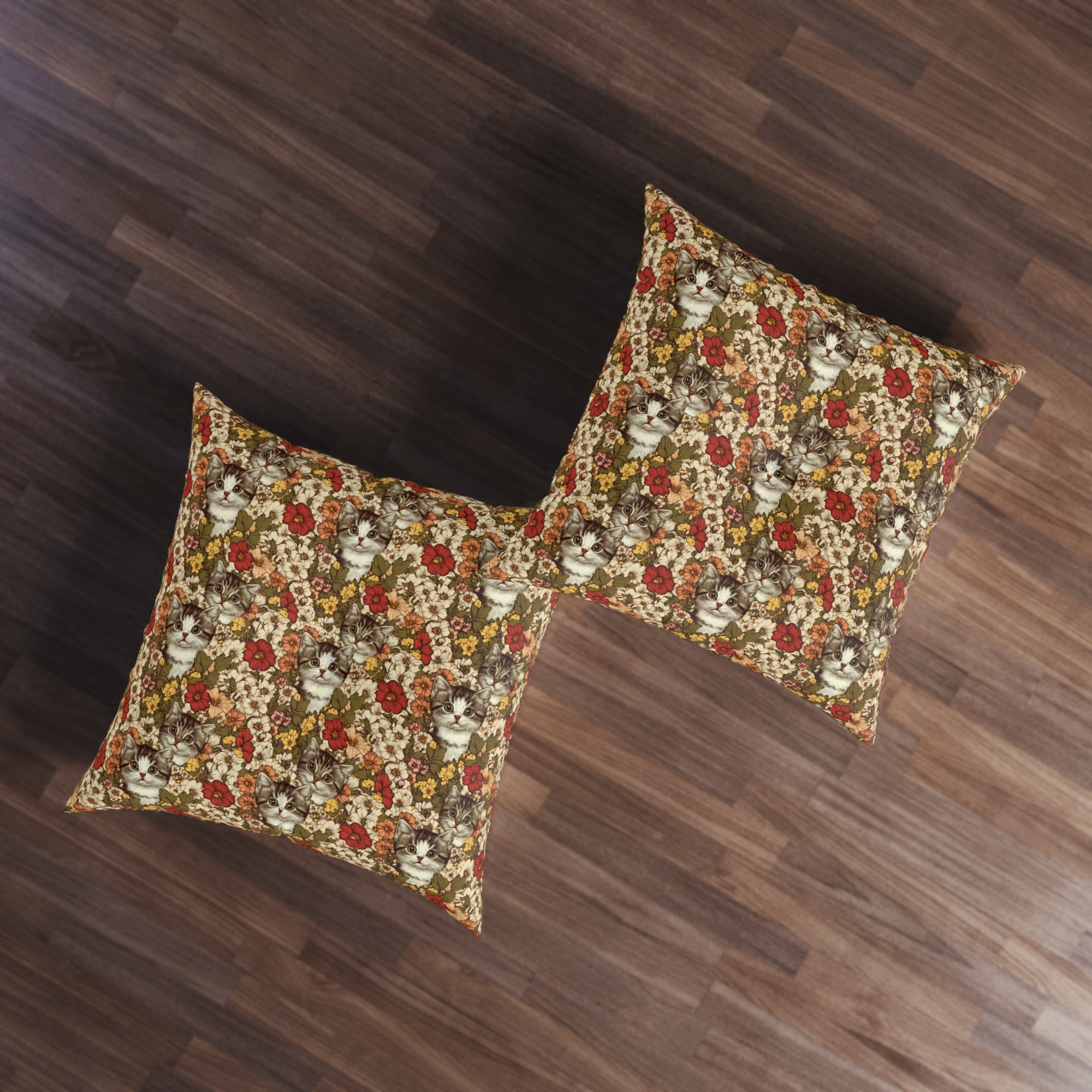 Indoor Square Floor Pillow - Grey Tabby Kittens in a Garden of Red, Peach, and Yellow Flowers, Soft Vintage Style