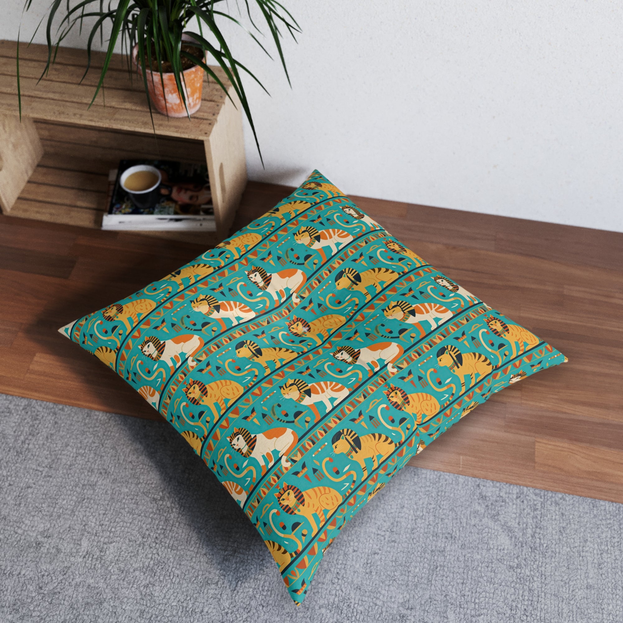 Indoor Square Floor Pillow - Horizontal Stripes of Golden Egyptian Cats and Intricate Hieroglyphs Form a Repeating and Historically Themed Border Pattern