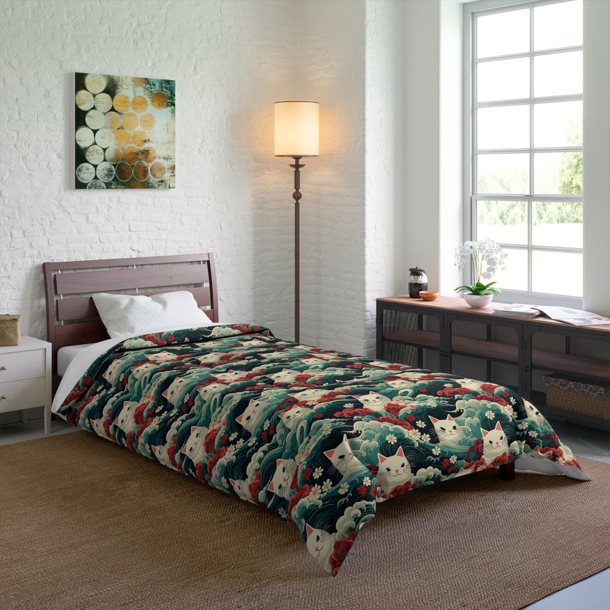 Comforter - A dramatic and powerful Japanese woodblock print-style illustration of cats amidst powerful waves, red flowers, and white cherry blossoms.