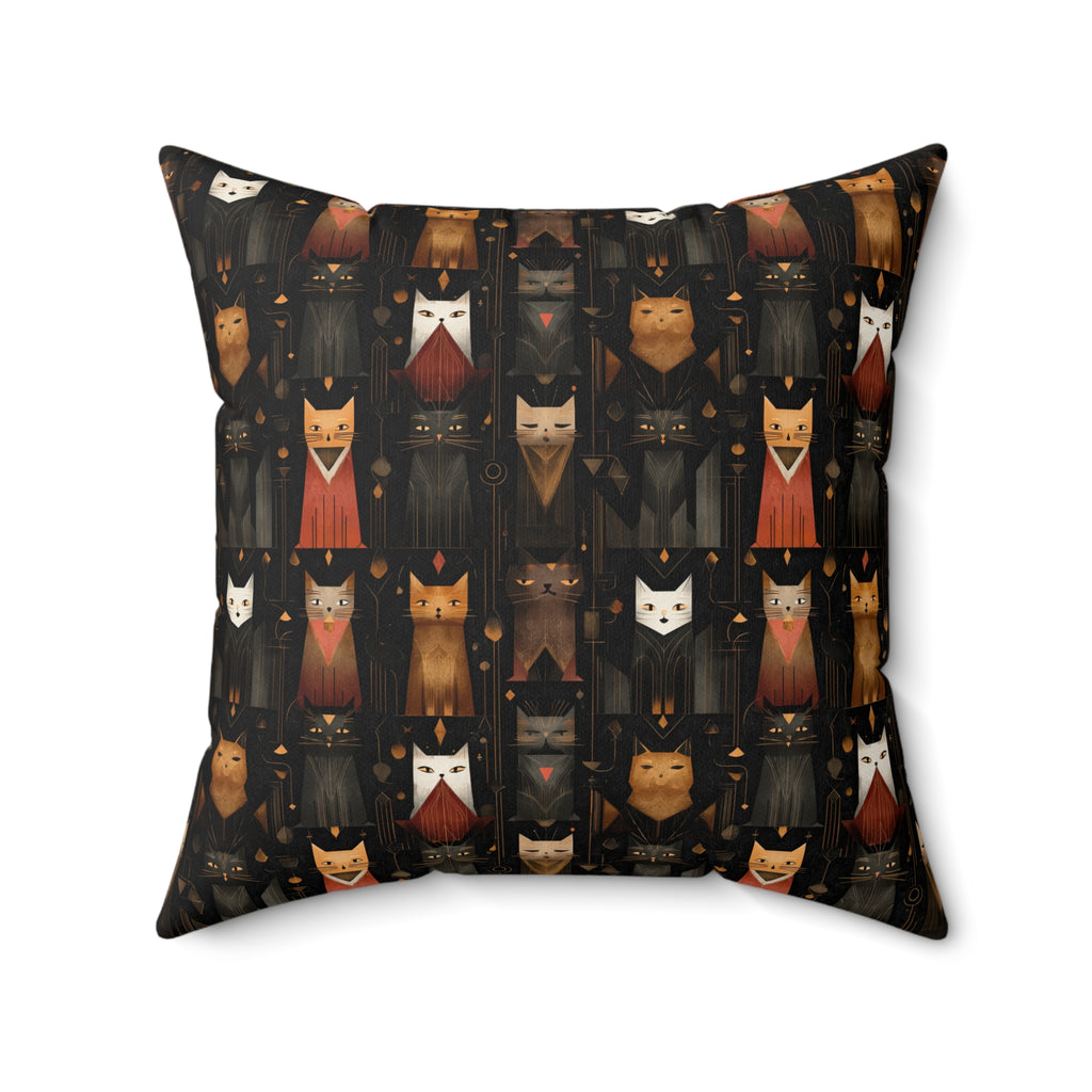 Indoor Square Pillow - A striking and sophisticated Art Deco-style pattern of felines with bold, intricate lines and dramatic geometric shapes, all rendered in a unique gold and gray color palette.