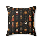 Indoor Square Pillow - A striking and sophisticated Art Deco-style pattern of felines with bold, intricate lines and dramatic geometric shapes, all rendered in a unique gold and gray color palette.