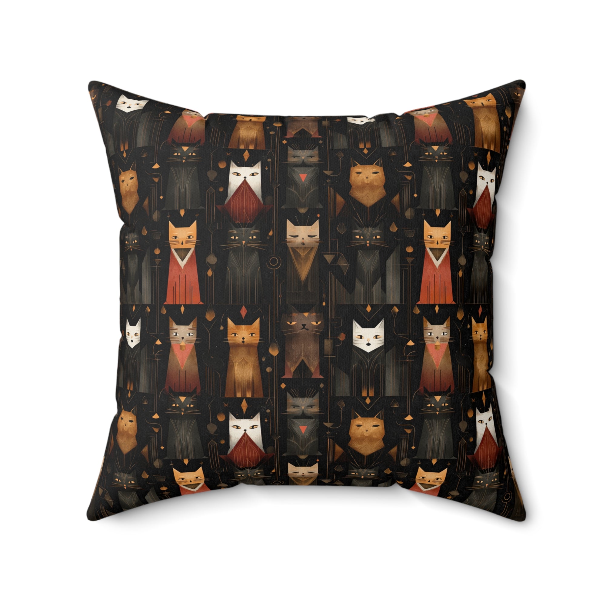 Indoor Square Pillow - A striking and sophisticated Art Deco-style pattern of felines with bold, intricate lines and dramatic geometric shapes, all rendered in a unique gold and gray color palette.