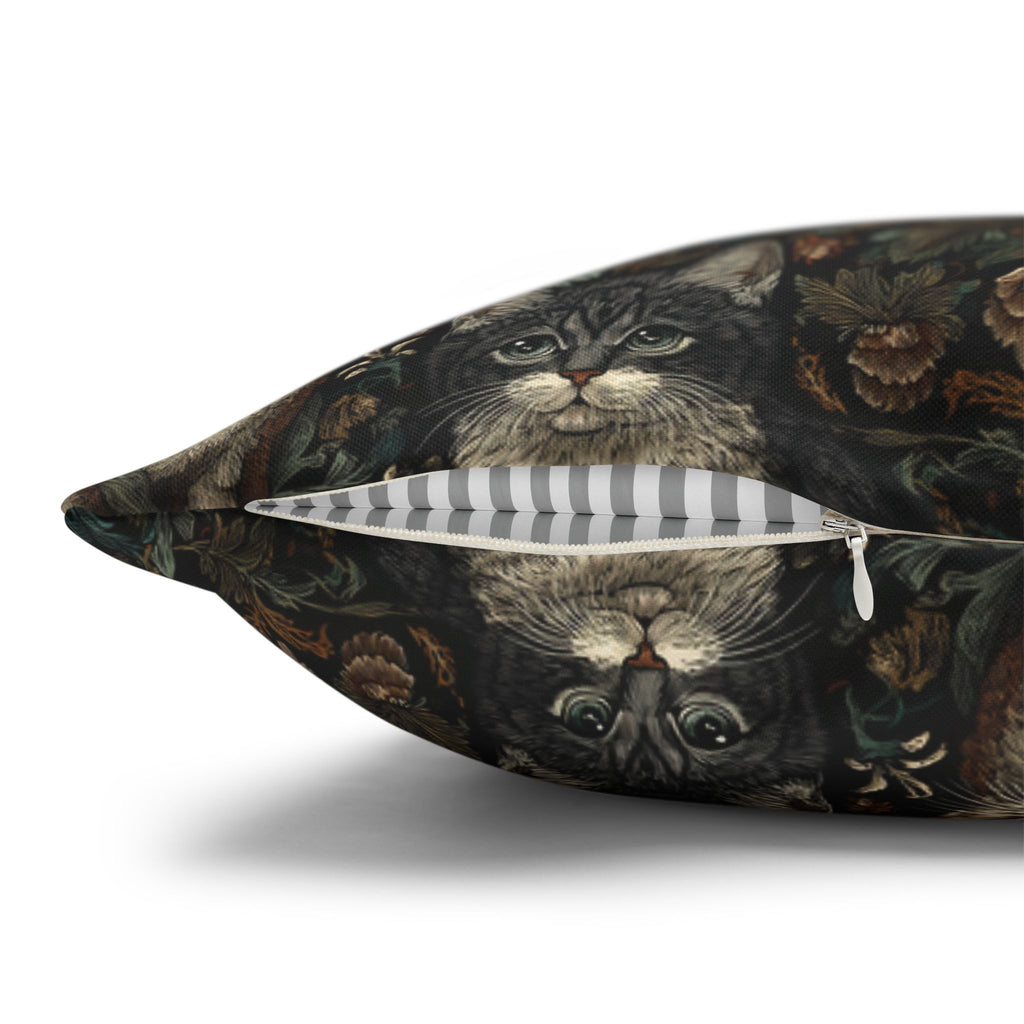 Square Pillowcase - Brown Tabby Kittens Among Dark Green and Peach Floral Vines, Moody Vintage Style