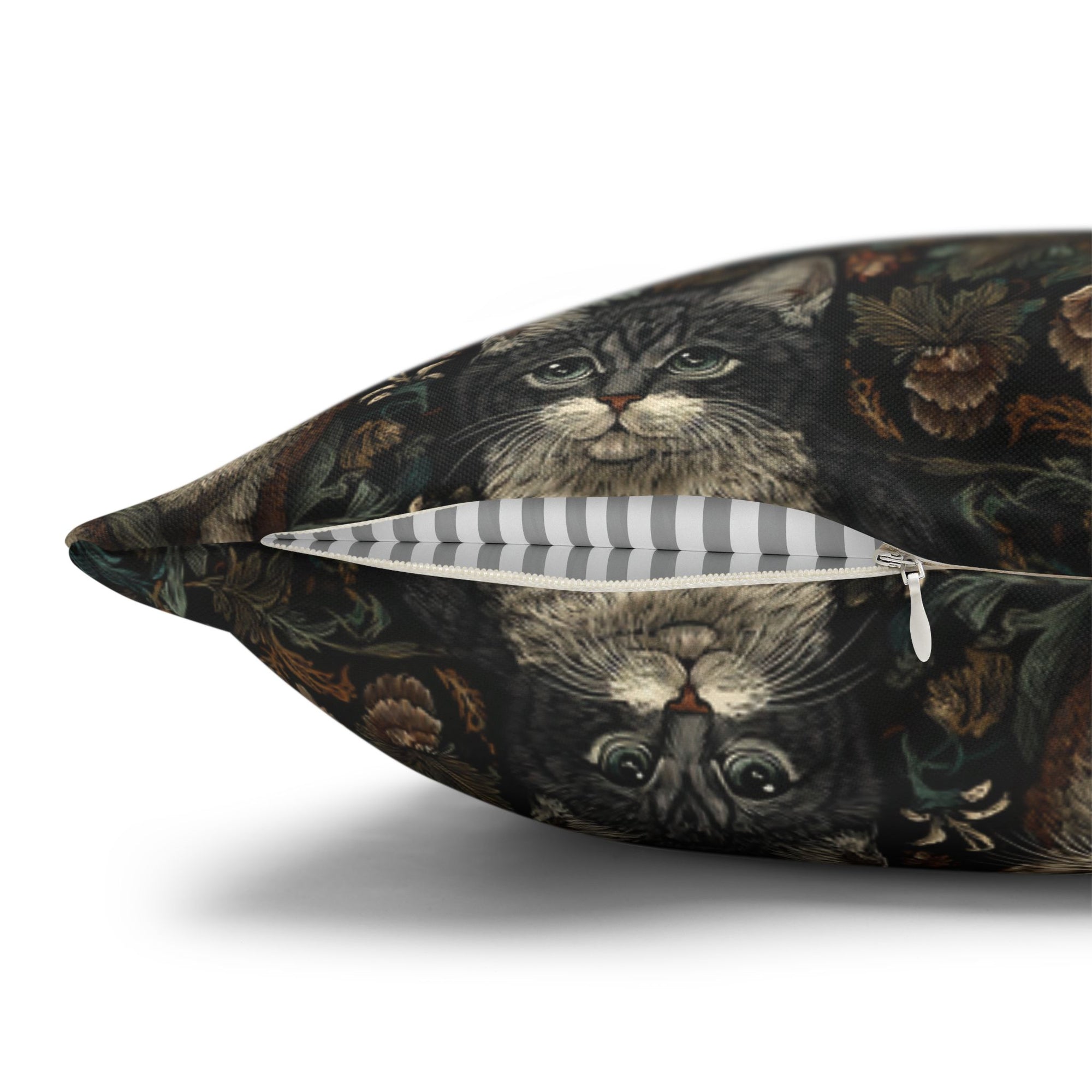 Square Pillowcase - Brown Tabby Kittens Among Dark Green and Peach Floral Vines, Moody Vintage Style