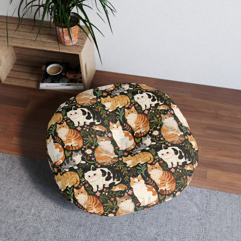 Indoor Round Floor Pillow - Whimsical cat and kitten garden party, various cat breeds amidst green foliage and pink flowers, charming animal illustration, dark forest green background, playful and natural art