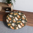 Indoor Round Floor Pillow - Whimsical cat and kitten garden party, various cat breeds amidst green foliage and pink flowers, charming animal illustration, dark forest green background, playful and natural art