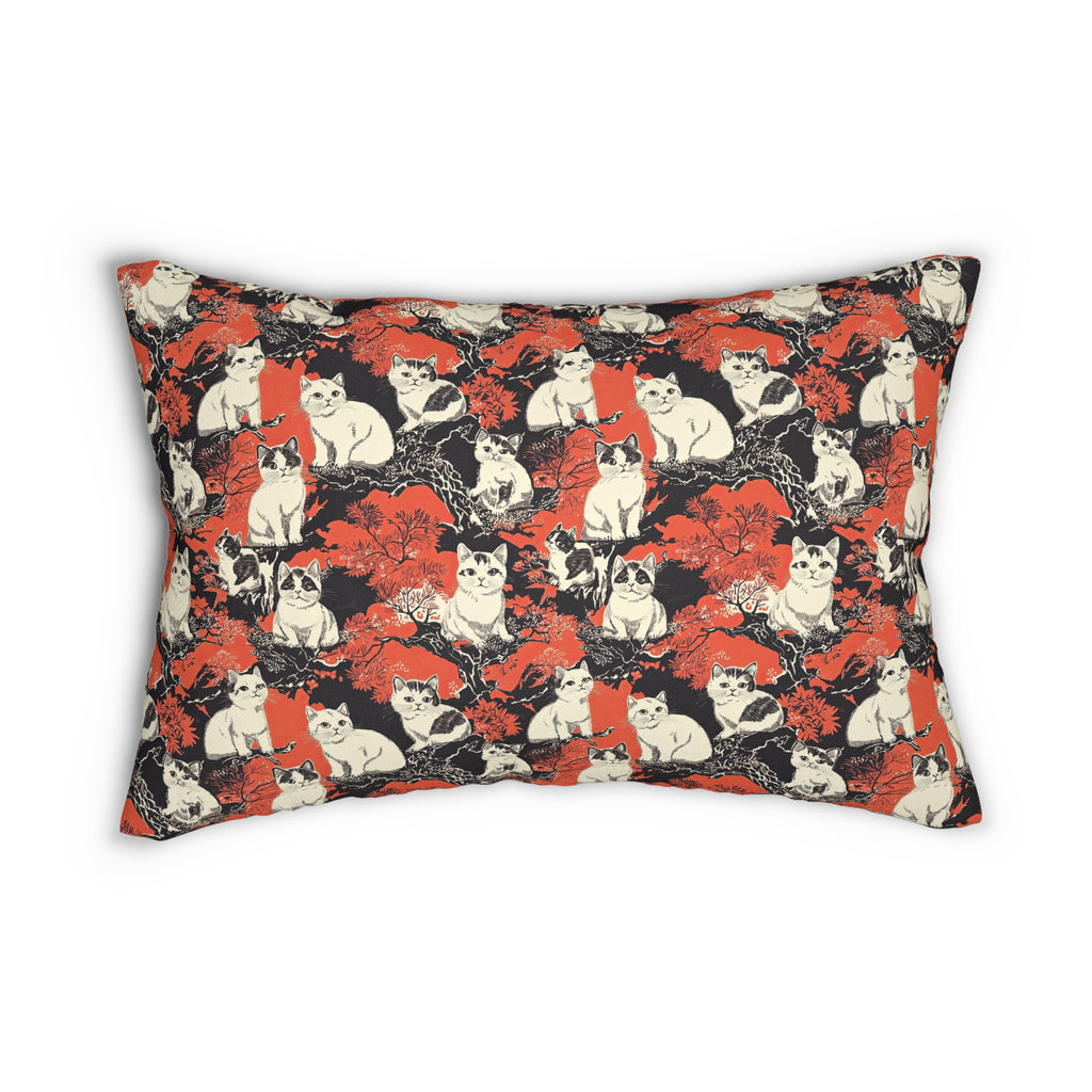 Indoor Lumbar Pillow - A striking black-and-white illustration with red accents of charming cats perched on the branches of trees in a beautiful Japanese woodblock print style.