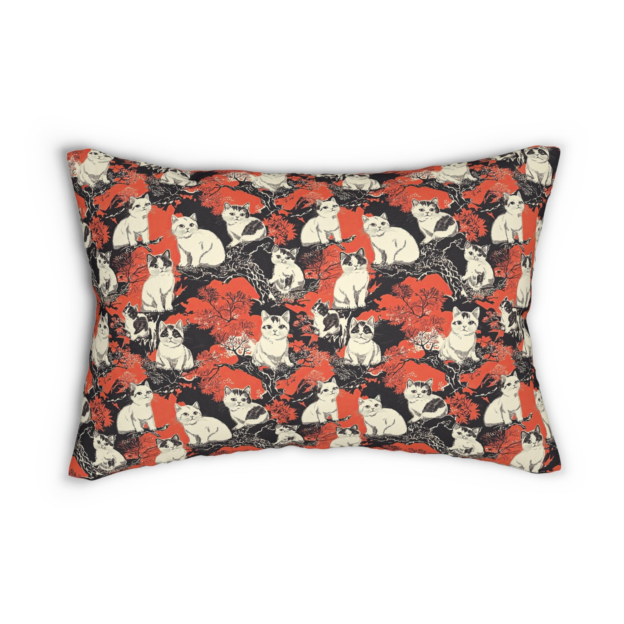 Indoor Lumbar Pillow - A striking black-and-white illustration with red accents of charming cats perched on the branches of trees in a beautiful Japanese woodblock print style.