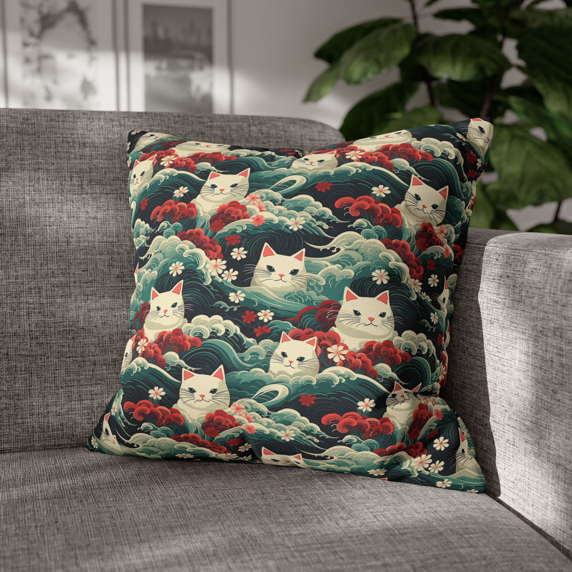 Square Pillowcase - A dramatic and powerful Japanese woodblock print-style illustration of cats amidst powerful waves, red flowers, and white cherry blossoms.