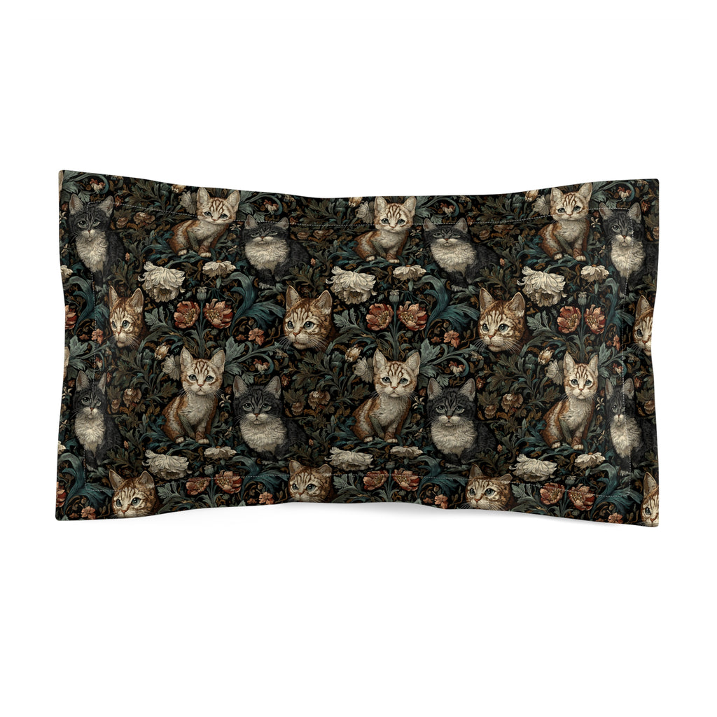 Pillow Sham - Brown Tabby Kittens Among Dark Green and Peach Floral Vines, Moody Vintage Style