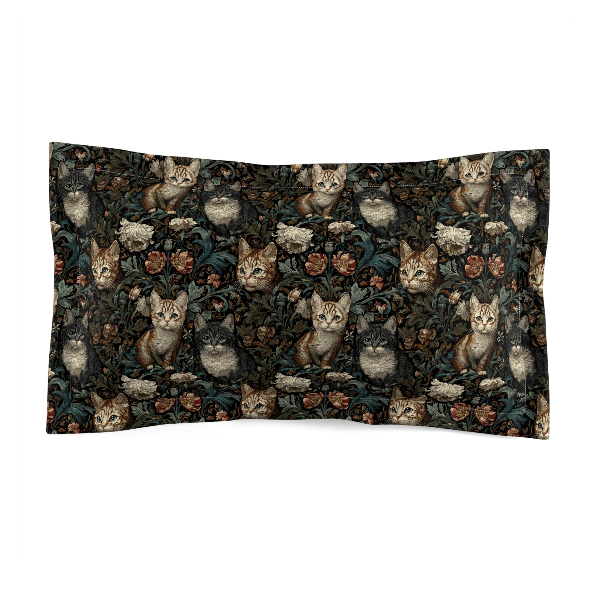 Pillow Sham - Brown Tabby Kittens Among Dark Green and Peach Floral Vines, Moody Vintage Style