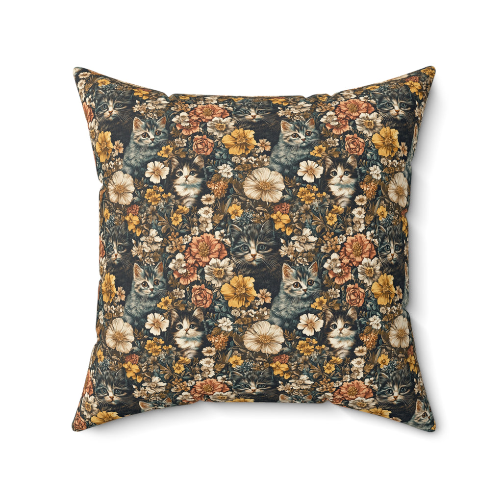 Indoor Square Pillow - Grey Tabby Kittens Among Yellow and Peach Flowers, Moody Vintage Botanical Illustration