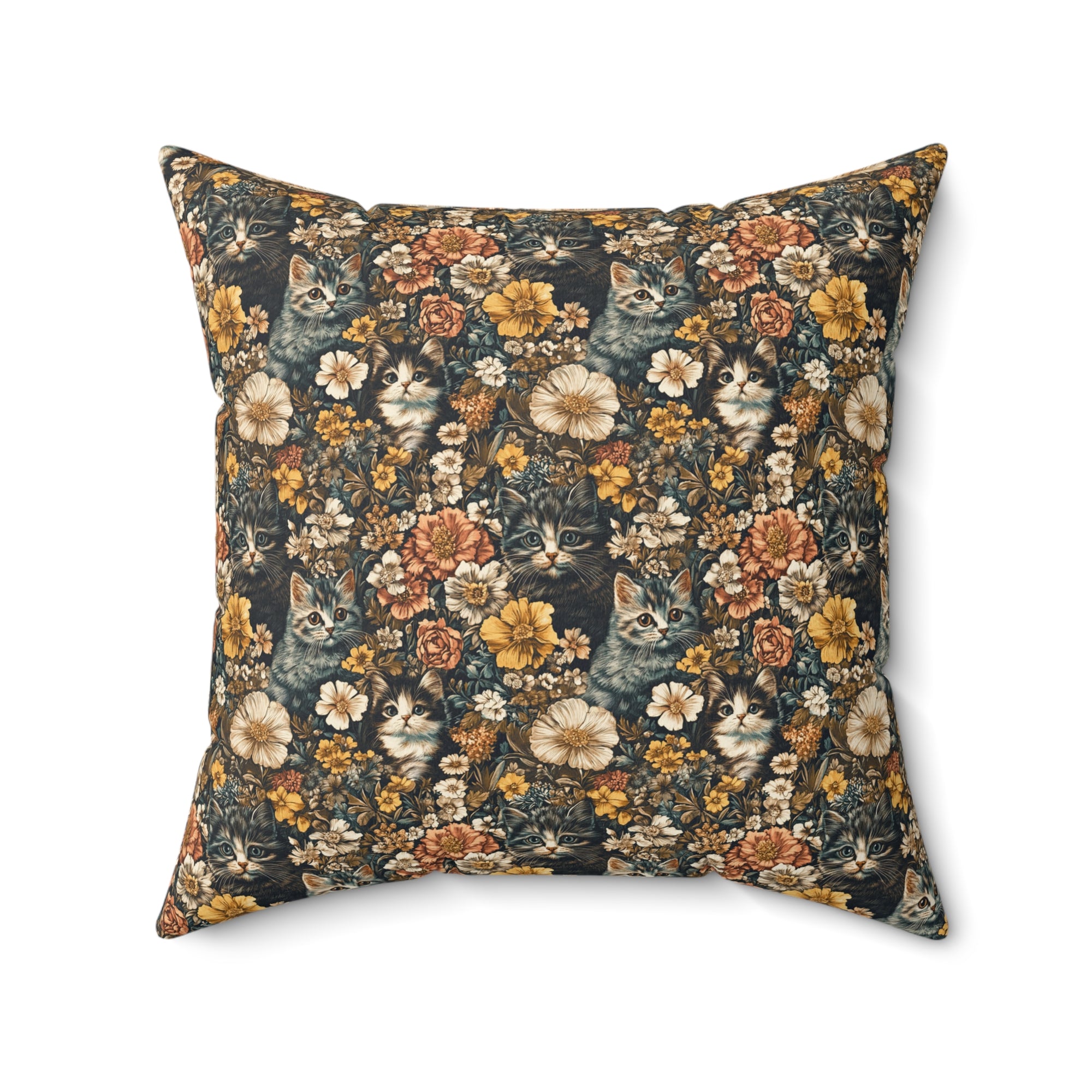 Indoor Square Pillow - Grey Tabby Kittens Among Yellow and Peach Flowers, Moody Vintage Botanical Illustration