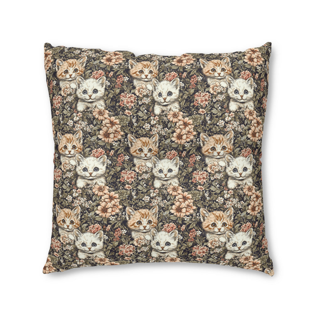 Indoor Square Floor Pillow - Peach and White Kittens in Dark Floral Garden, Vintage Style, Sweet and Charming Scene