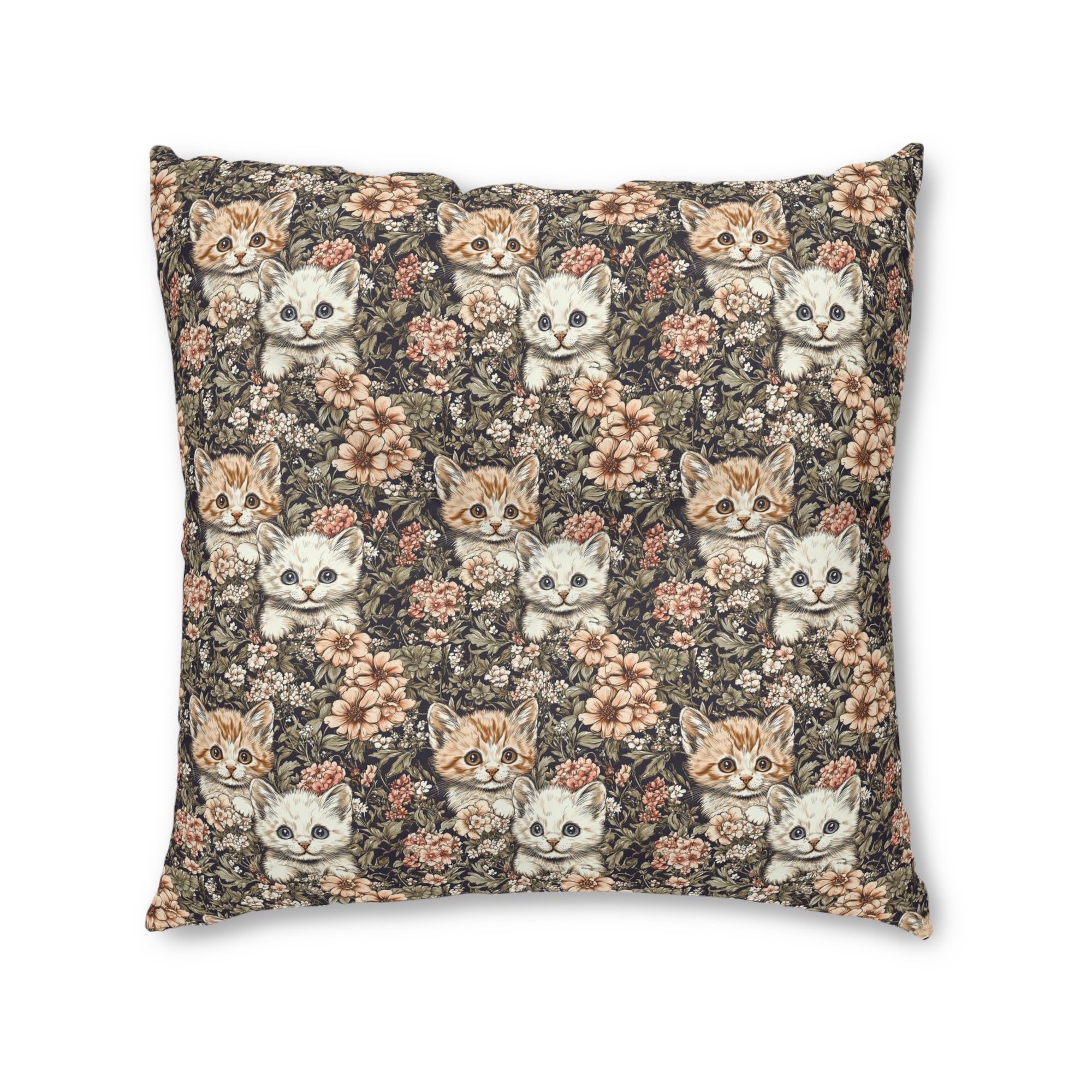 Indoor Square Floor Pillow - Peach and White Kittens in Dark Floral Garden, Vintage Style, Sweet and Charming Scene