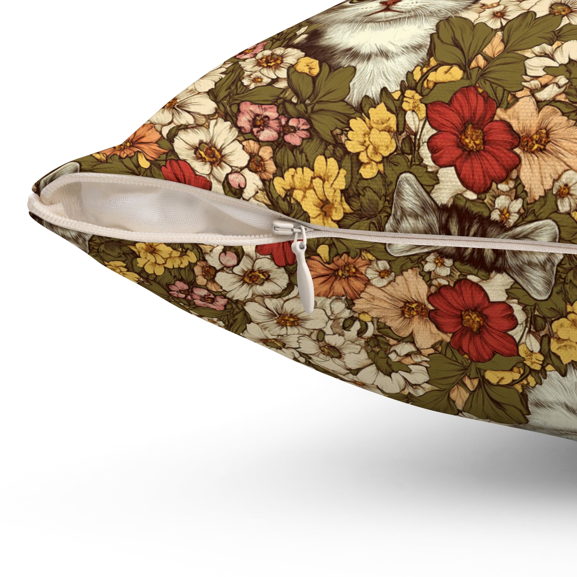 Indoor Square Pillow - Grey Tabby Kittens in a Garden of Red, Peach, and Yellow Flowers, Soft Vintage Style
