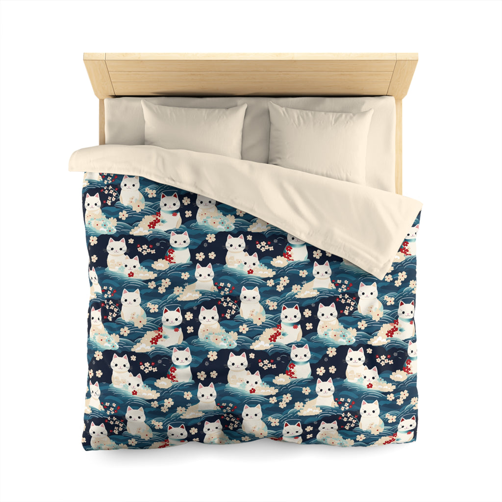 Duvet Cover - A lovely, playful, Japanese-inspired illustration of sweet white cats sitting on rolling blue waves with red and white flowers and gentle clouds.
