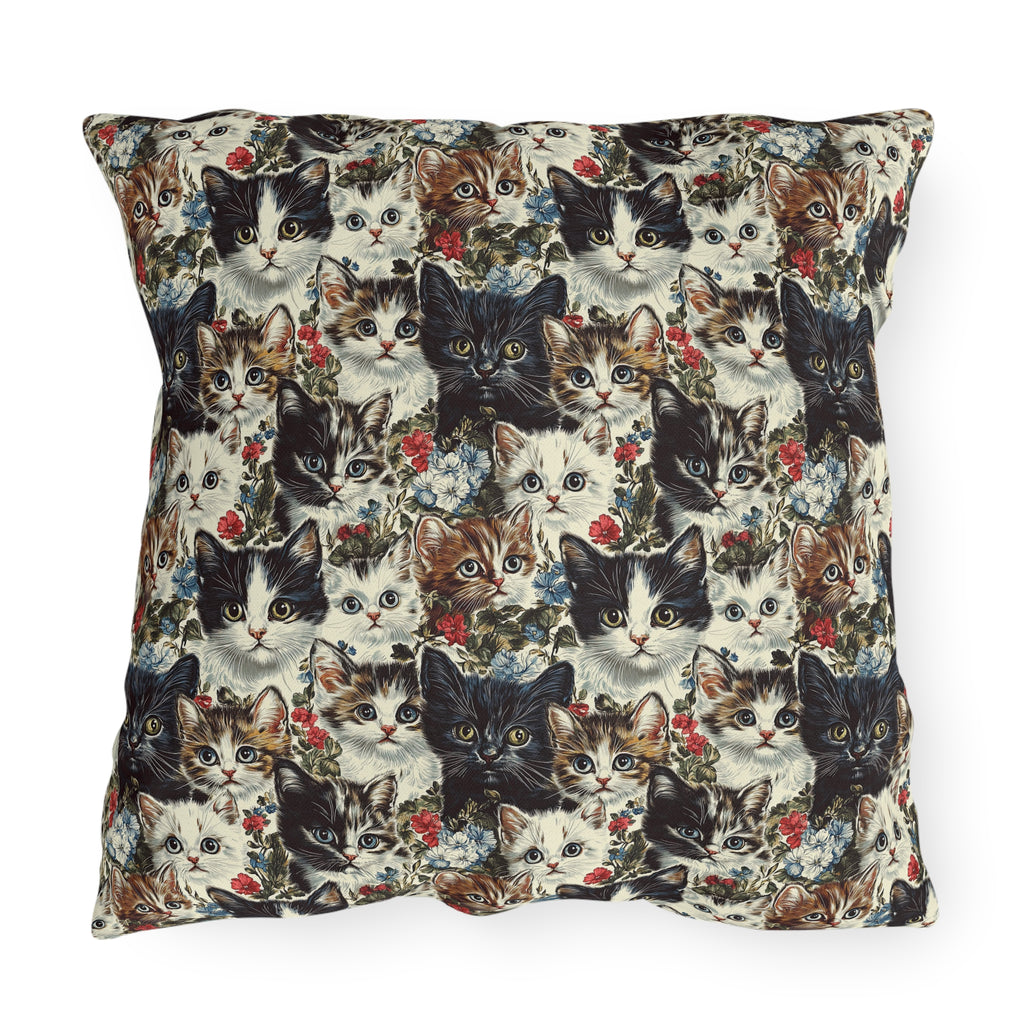 Outdoor Pillow - Colorful Kitten Faces with Red and Blue Flowers, Whimsical and Bright, Pattern Design