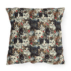 Outdoor Pillow - Colorful Kitten Faces with Red and Blue Flowers, Whimsical and Bright, Pattern Design