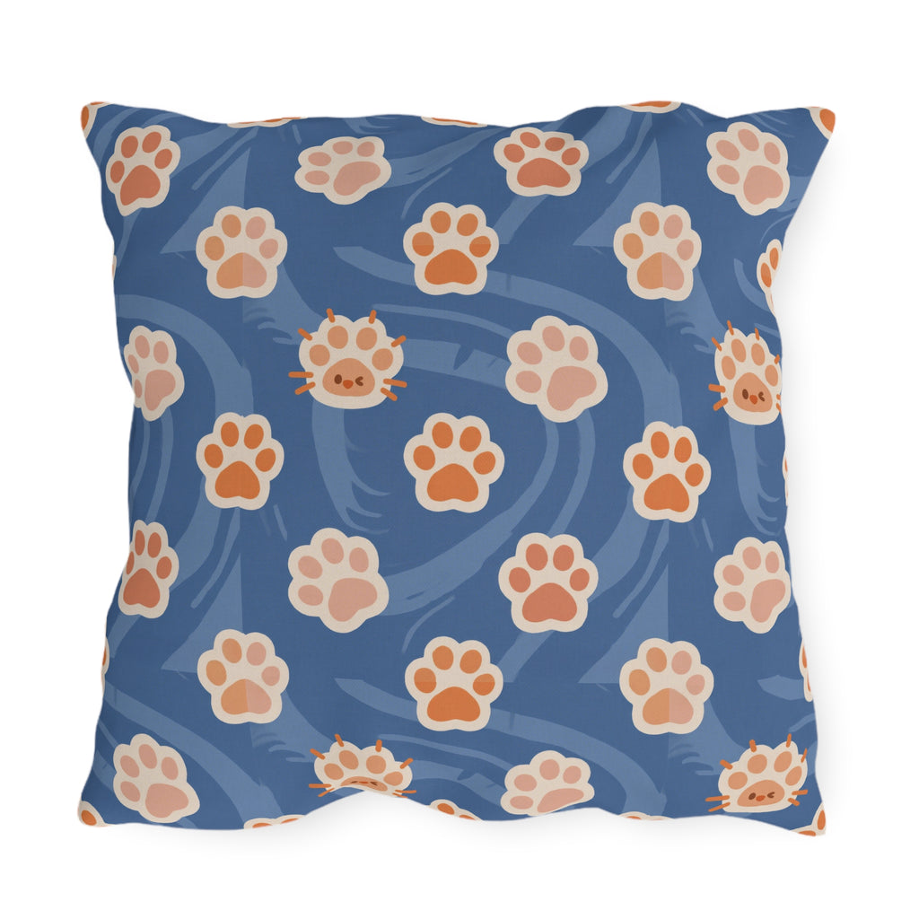Outdoor Pillow - A bold and graphic pop art style illustration featuring a tight-knit cluster of various fluffy felines in black, white, red, and blue.