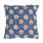 Outdoor Pillow - A bold and graphic pop art style illustration featuring a tight-knit cluster of various fluffy felines in black, white, red, and blue.