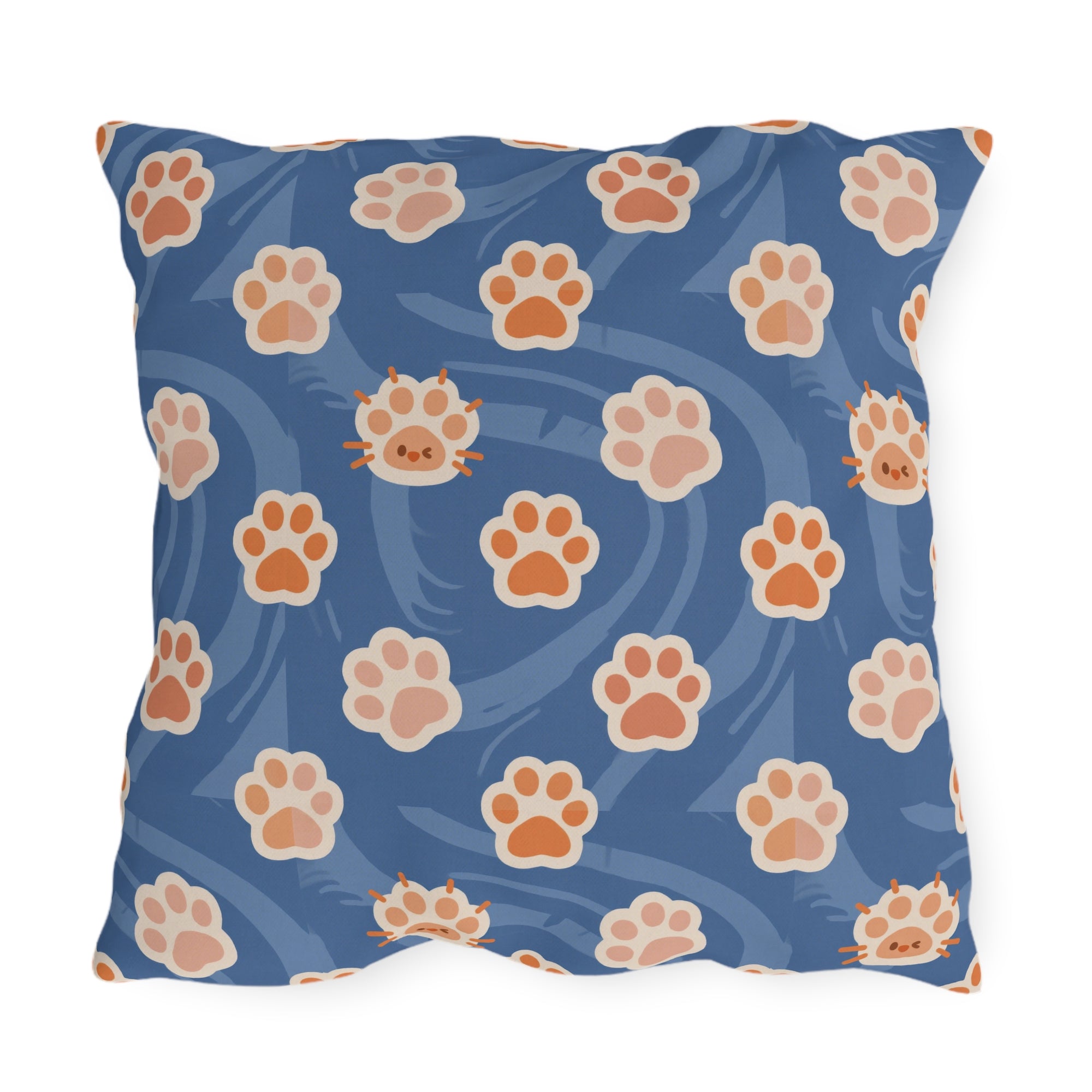 Outdoor Pillow - A bold and graphic pop art style illustration featuring a tight-knit cluster of various fluffy felines in black, white, red, and blue.