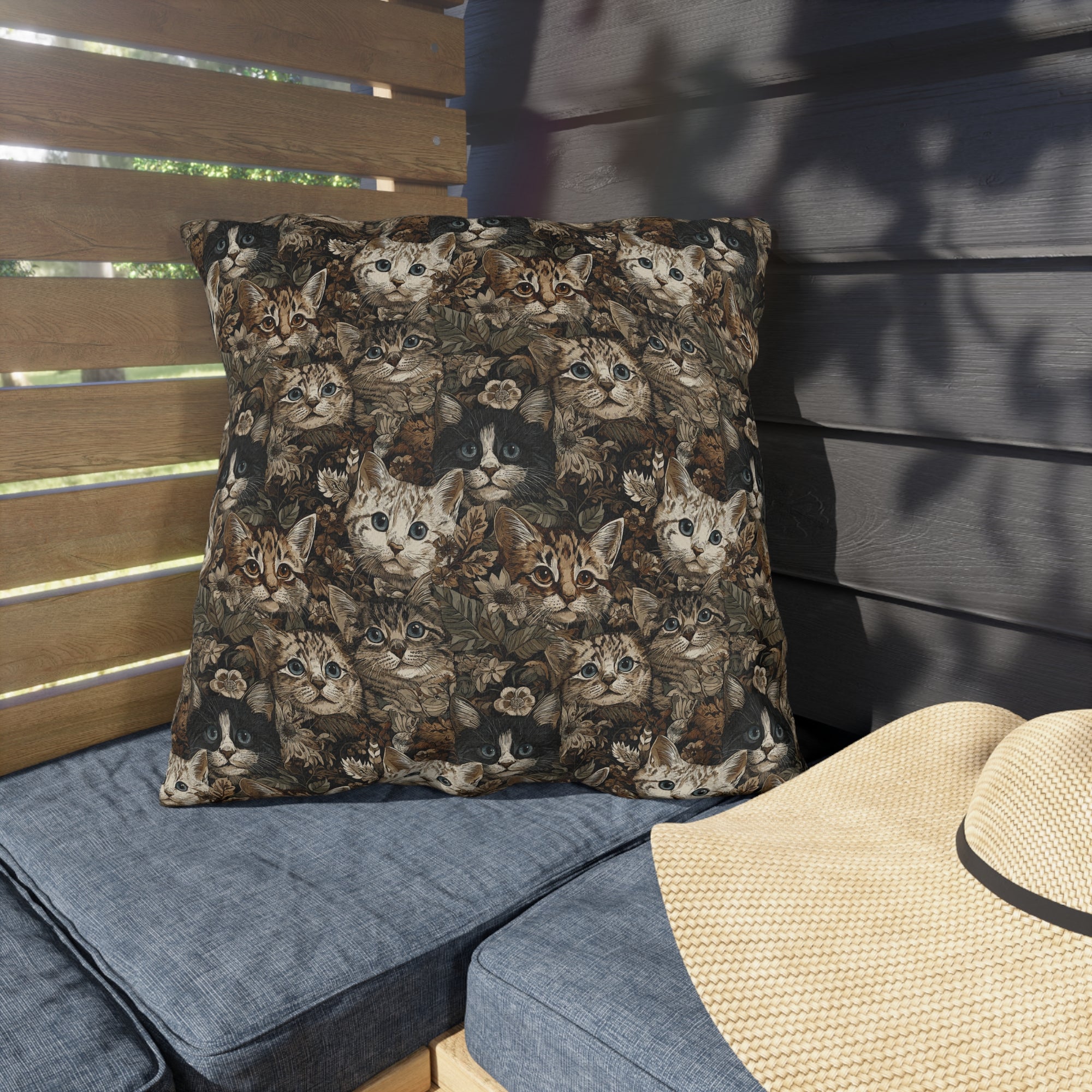 Outdoor Pillow - An intricate and detailed vintage illustration featuring a close-up of various fluffy cats with bright eyes amidst lush, ornate floral foliage in sepia tones.