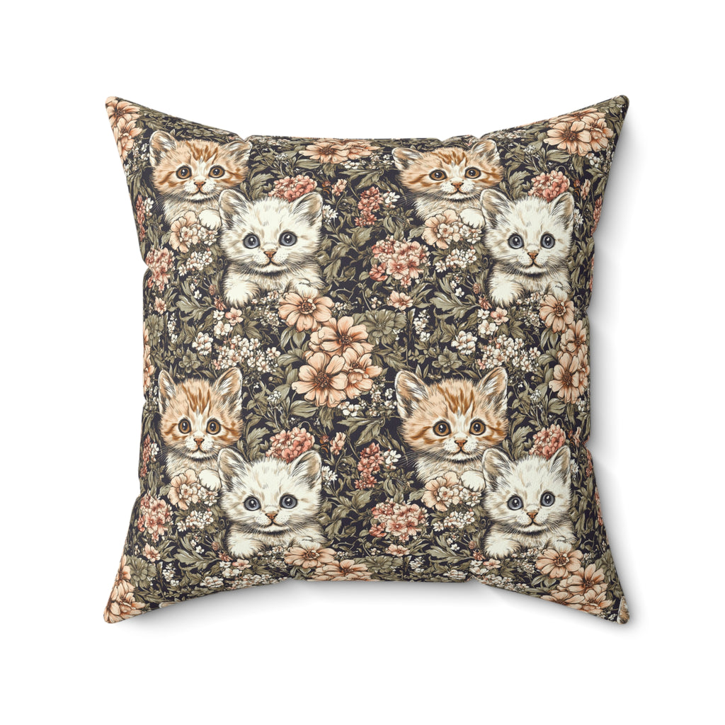 Indoor Square Pillow - Peach and White Kittens in Dark Floral Garden, Vintage Style, Sweet and Charming Scene
