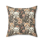 Indoor Square Pillow - Peach and White Kittens in Dark Floral Garden, Vintage Style, Sweet and Charming Scene