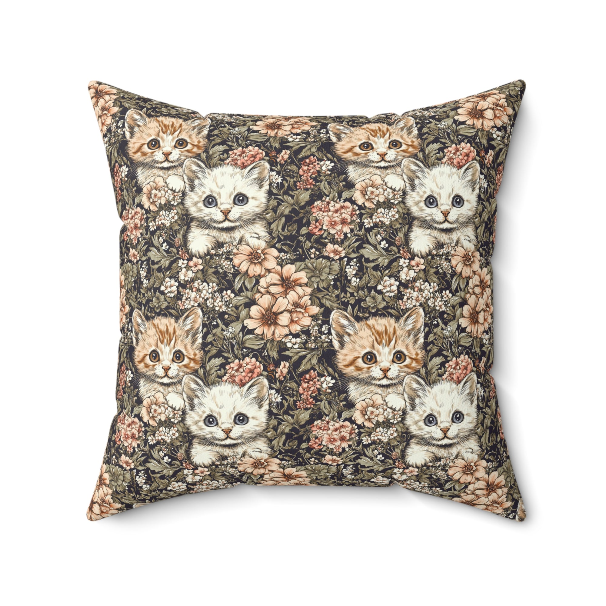 Indoor Square Pillow - Peach and White Kittens in Dark Floral Garden, Vintage Style, Sweet and Charming Scene