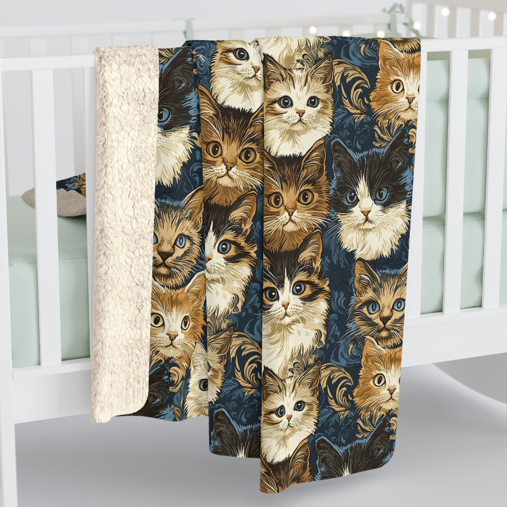 Sherpa Blanket - Blue Eyed Cats with Brown and White Fur on a Deep Blue Damask Background
