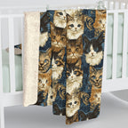 Sherpa Blanket - Blue Eyed Cats with Brown and White Fur on a Deep Blue Damask Background