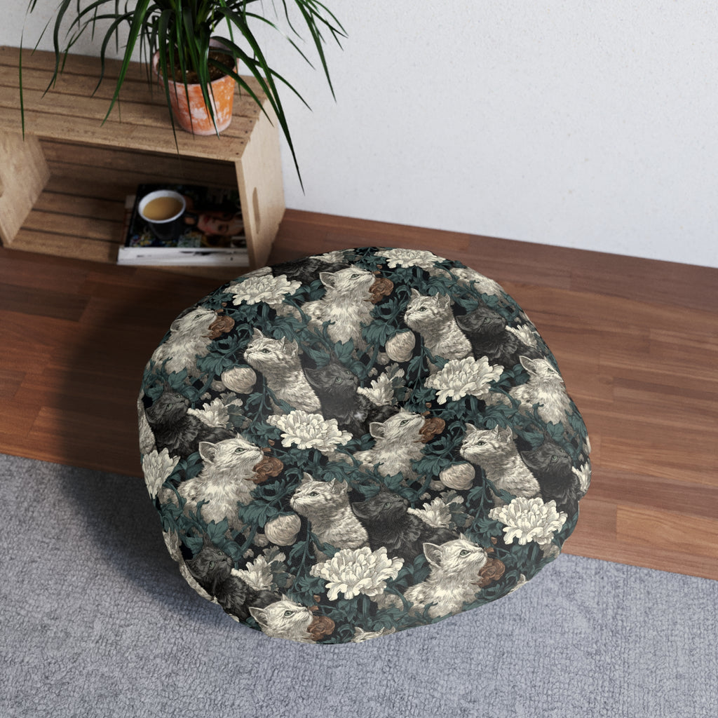 Indoor Round Floor Pillow - Grey and White Kittens with Creamy White Flowers and Dark Green Foliage, Elegant Vintage Vibe