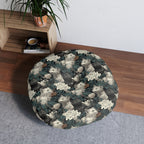 Indoor Round Floor Pillow - Grey and White Kittens with Creamy White Flowers and Dark Green Foliage, Elegant Vintage Vibe